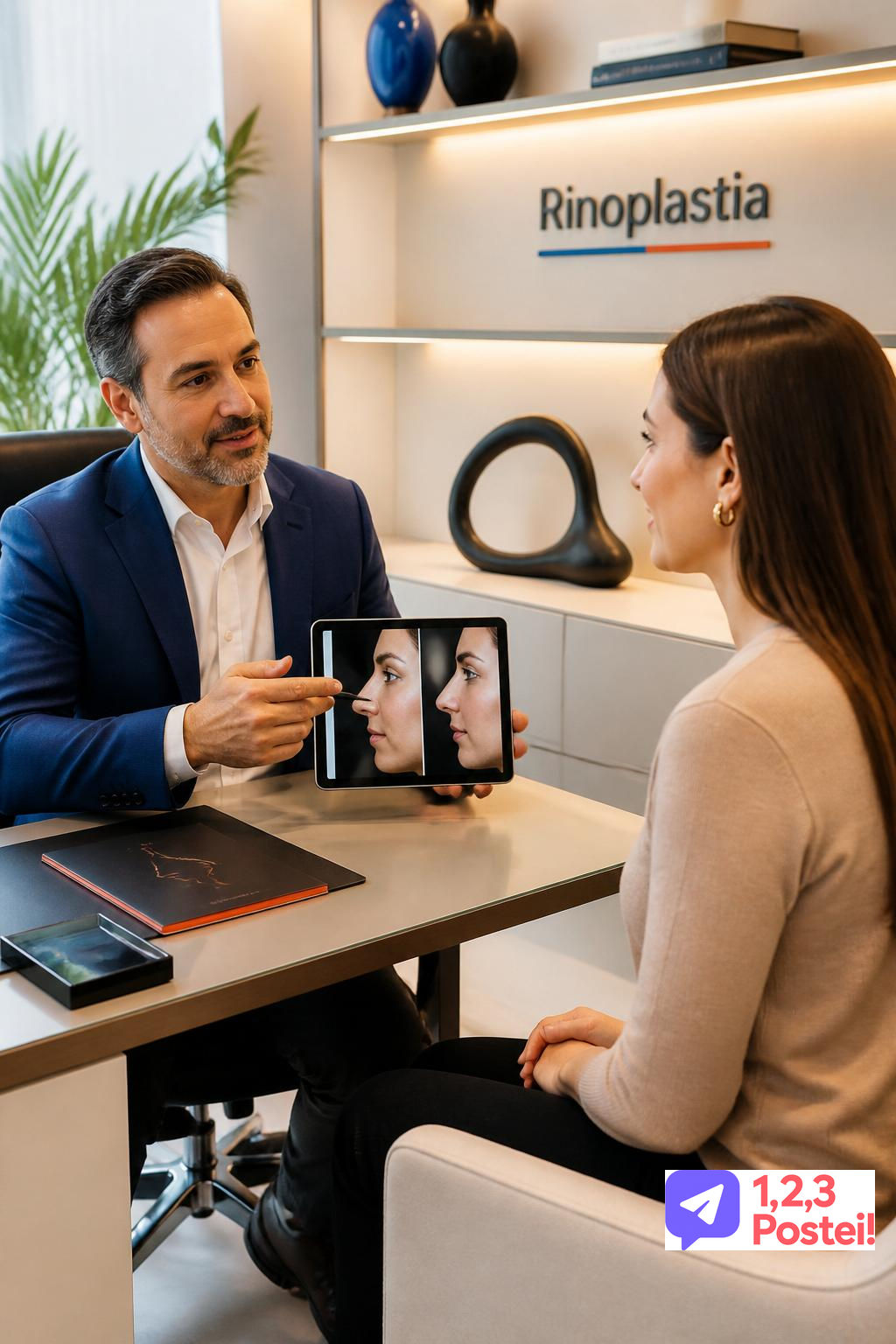 Exemplo real de conteúdo sobre rinoplastia: cirurgião e paciente em consulta